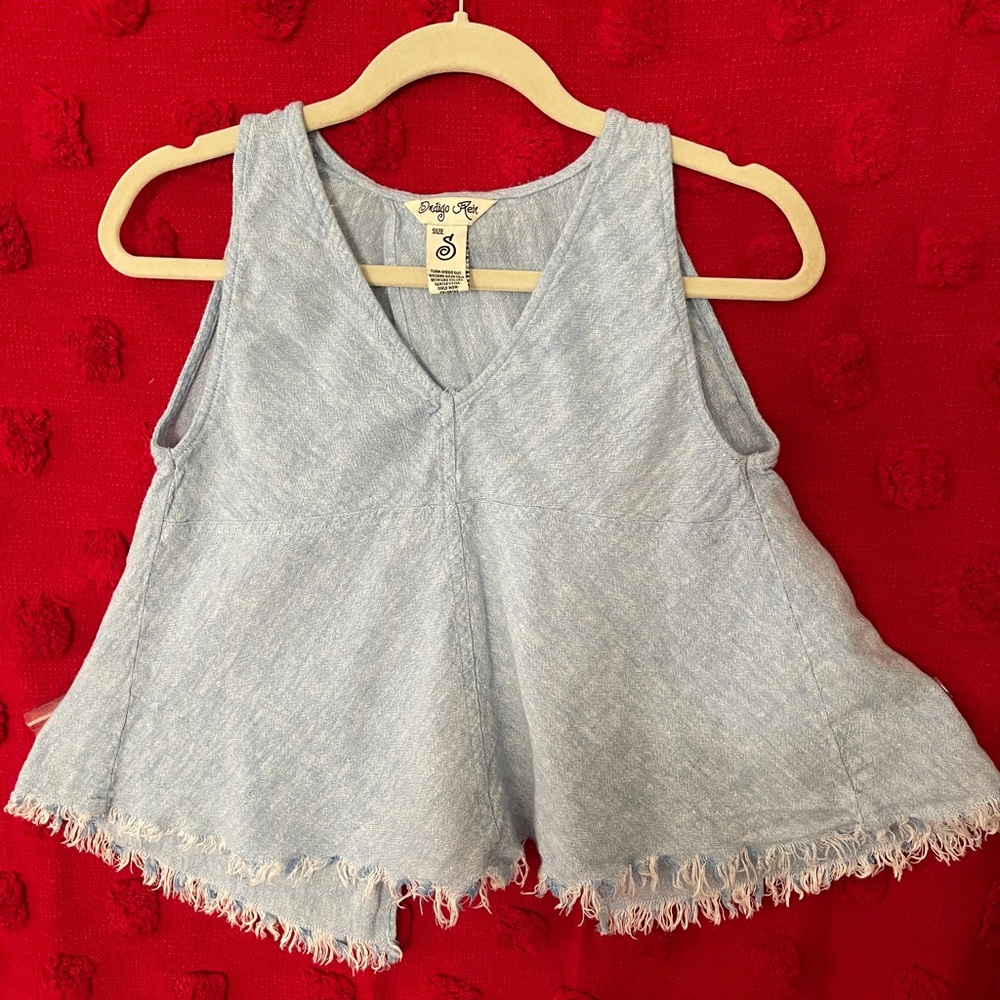INDIGO REIN light blue linen blend raw edge open back tank top!